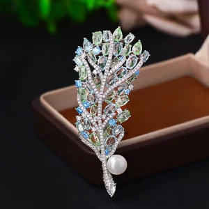 New Fashion Zircon Feather Brooch High End Luxury Accessories Freshwater Pearl Personalized Pin