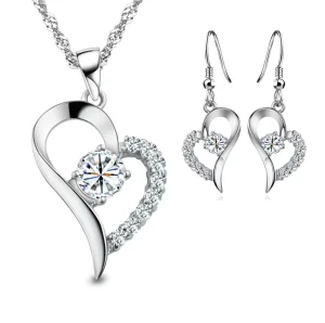 New Fashion Zircon Heart Shaped Costume Jewelry Set for Women Wedding Necklace Earrings Set