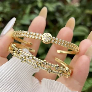 New Fashionable Classic-Style Daily 18K Gold-Plated Copper Double-Layer Zircon Open Bangle Bracelet