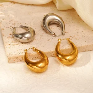 New Fashionable Water Droplets Design Smooth Stainless Steel Gold Silver Plated Hollow Elliptical Drop Earrings for Women