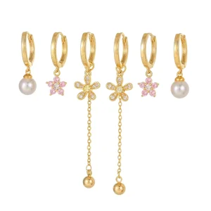 New Flower Pearl Fringe Hoop Earrings Set Fashion Zircon Petal Pendant Ear Buckle Set 18K Gold Plated Brass for Women