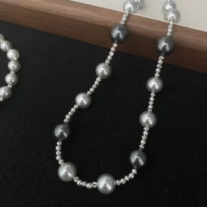 New French Vintage Perfect Round Silver Grey Pearl Sweater Chain for Women High End Long Fashion Commute Versatile Necklace