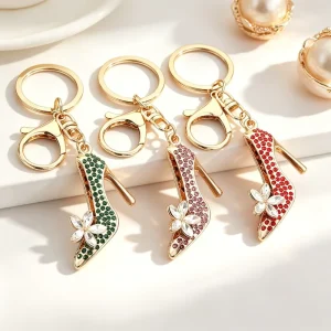 New Glamorous Rhinestone High Heel Keychain Elegant Floral Bag Chains Sturdy Keyring Tri Tone Alloy Pendant Fashionista Gifts