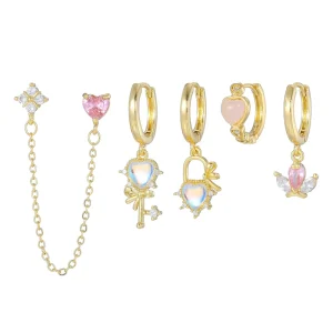 New Heart Shaped Zircon Key Pendant Earring Set Fashion Gold Plated Brass Earrings Sets for Women