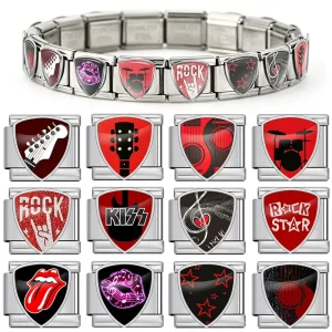 New Heavy Metal Guitar Shield Shaped Italian Module Rock Style Electroplated Stainless Steel Charm Unisex Bracelet DIY