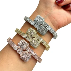 New Hip Hop Bracelet Open Square Zircon Inlaid Copper Unisex Punk Style Chain Electronic Gold Silver Guangzhou B362