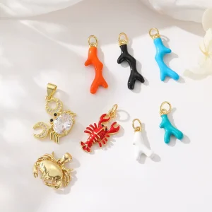 New Hot Selling Enamel Crayfish Zircon Crab Pendant Fashion Cute Coral Charm DIY Necklace Earrings Jewelry Making Accessories