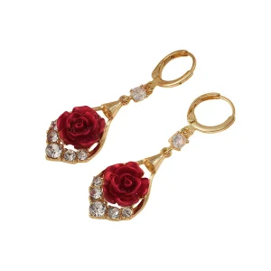 New Hot Selling Red Rose Flower Natural Stone Earrings Light Luxury High End Sparkling Diamond Fashionable
