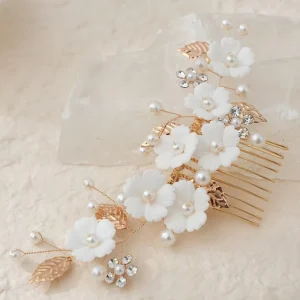 New Hot selling Resin Flower Bridal Hairpin Elegant Handmade Wedding Pearl Hair Comb Flower Leave High end Bridal Cute Headpiece