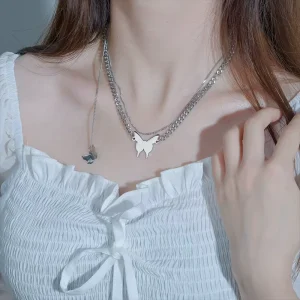 New Japanese and Korean Double Chain Two butterfly Clavicle Necklace Ins Style Stacked High end Stainless Steel Jewelry