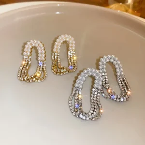 New Korean Style Dainty Imitate Pearl Shiny Layers Diamond Earrings Silver Needle Tassel Earrings for Women Jewelry