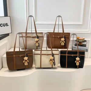 New Korean style PU Zipper All Match Hand Bags Womens Casual Retro Large Capacity Shoulder Tote Bag with Bear Pendant