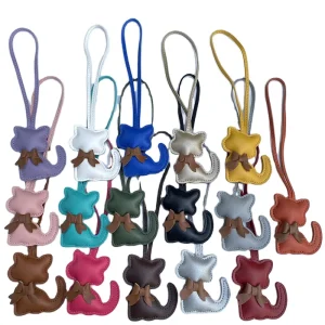 New Leather Cat Car Keychain Cute Bow Cartoon Animal Pendant Bag Charm UV Printed Fashionable Gift for Girls Women