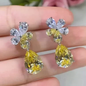 New Luxury Flower Design Yellow Crystal Zircon Pendant Earrings Lady Party Fashion Jewelry Silver Plated Drop Earrings