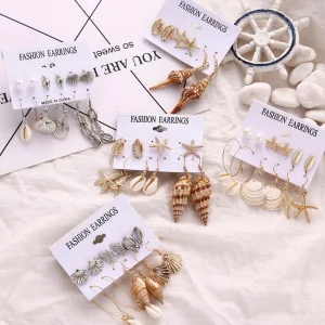 New Ocean Series Sea Star Shell Summer Beach Resort Alloy Earrings 6 Pair Set for Women