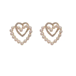 New Product Alloy Electroplated Needle French Retro Diamond Studded Pearl Heart Shaped Stud Earrings Trendy Women’s
