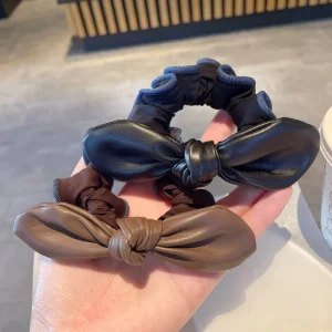 New Rabbit Ears Scrunchies Black Custom Korean Women Short Ribbon Pu Leather Scrunchy Accessories Hair Ties