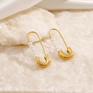 New Retro Ins Style Paperclip Imitation Pearl Earrings Fashionable Simple Luxury Gold Plated Earrings