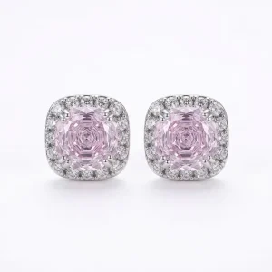 New Rose Cut Cushion Halo Stud Pink Zircon Sparkle Silver Plated Brass Micro Pave Colorful Crystal Earrings Jewelry Supplier