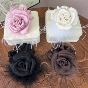 New Rose Flower Ostrich Satin Feather Lazy Handcrafted Scrunchie Autumn and Winter Sweet Fur Hair Updo Ponytail Hair Accessory