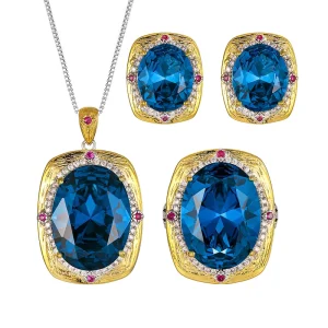 New Royal Noble Blue Egg Shaped Zircon Pendant Earrings and Rings Set for Dinner and Party Accessories