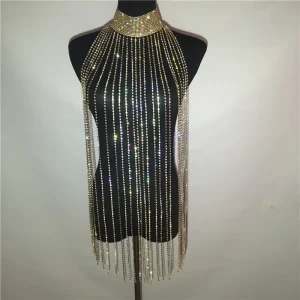 New Sexy Exaggerated Necklace Chest Wrap Dual use Body Chain Tassel Glitter Rhinestone Belly Dance Body Chain Necklace Cape