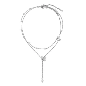 New Stainless Steel Double layer Silver Pearl butterfly Pendant Necklace Womens Fashion Fine Accessory for Party Work Gift