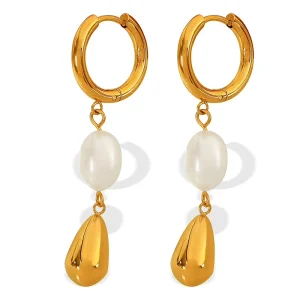 New Stainless Steel Pearl Dangle Earrings 18k Pvd Coated Geometric Waterproof Fashion Jewelry Earrings Women Gift