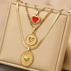 New Stainless Steel Trendy Three Piece Necklace Set 18K Gold Plated Link Chain Love Pendant Retro Luxury Jewelry