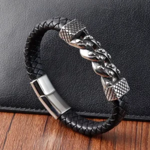 New Stainless Steel Woven Men’s Bracelet Vintage Titanium Leather L20196