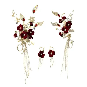 New Style Beautiful Gold Women Hair Accessories Red Flower Crystal Wedding Bridal Hair Clip Earrings Set