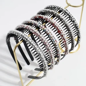 New Style Black Hair Grip Toothed Anti Skid Pearl Rhinestone Plastic Custom Logo Luxury Fashion Pretty Headbands