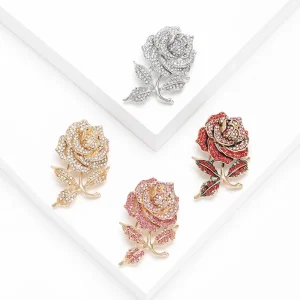 New Style Fashion Rhinestone Rose Brooches Beautiful Alloy Brooches for Women Decoration