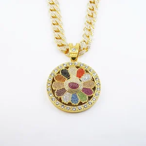 New Style Gold Plated Iced Out Cuban Link Chain Alloy Bling Rhinestone Hip Hop Sun Flower Pendant Necklace Factory