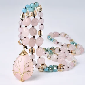 New Style Hand Wrapped Wire Water Drop Pink Rose Quartz Gold Necklace Women Light Luxury Niche Long Sweater Chain
