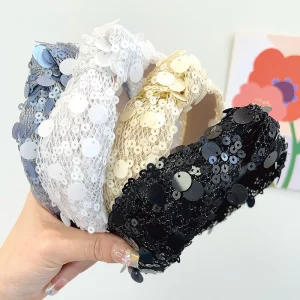 New Summer Black and White Big Sequin Knotted Headband Hair Band Sweet and Simple Girl Exquisite Hair Accessory
