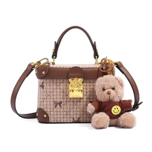 New Sweet Bear Charm Box Small Bag Exquisite High Quality Checkered Ladies Handbag Crossbody Shoulder Bag 1383 Brown