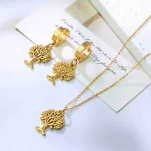 New Tree of Life Stainless Steel Pendant Necklace and Earrings Set Jewelry SS 074