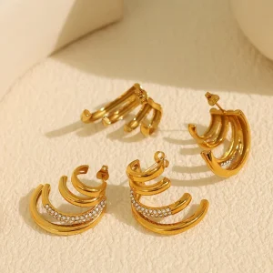 New Trending Geometric CC Earrings for Women 18K Gold Stainless Steel Fashion Layered Zircon Hoop Earrings
