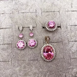New Trendy Copper High End Fashion Oval Pink Zircon Elegant Luxurious Necklace Earrings Pendant Ring Jewelry Set for Gift