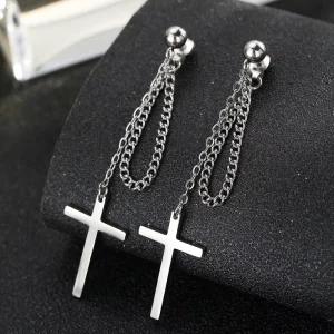 New Trendy Elegant Stainless Steel Pendant Earrings Silver Cross Tassel Chain Unisex Accessory Fashion Jewelry MID Brand Model