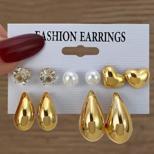 New Trendy Fashion Geometric Earrings Set Gold Plated Big Water Drop Thick Punk Gold Heart Crystal Pearl Women Jewelry