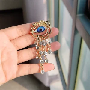 New Trendy Fashion Jewelry Brooches Women Rhinestone Tassel Blue Eye Brooch for Clothing