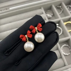 New Trendy Gold Plated Statement Korean Fashion Red Lucky Bow Knot Big Pearl Drop Earrings for Women Christmas Gifts