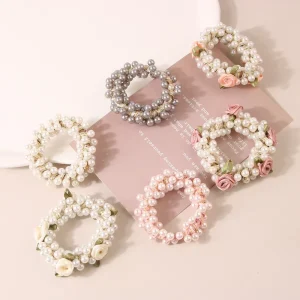 New Trendy Pearl Ponytail Hair Band Women’s High Elastic Rubber Band Hair Rope Stylish Resin and Nylon Crochet Hair Tie