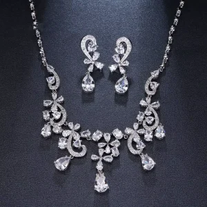New Trendy Shiny Crystal Wedding Jewelry Beautiful Bridal Necklace Earrings Set Fashion Flower Zircon Jewelry Set for Women