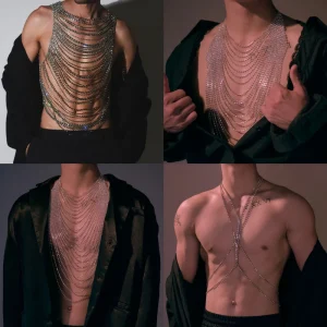 New TrendyTassel Body Chain Jewelry for Men Layered Chest Chains Sparkly Rhinestone Necklace Rave Party Nightclub Accessories