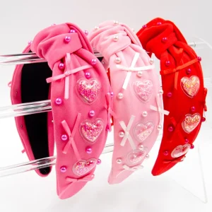 New Valentine’s Heart Headband for Women Fabric Glitter Heart Bow High Top Wide Hair Accessory High Quality Sample Making