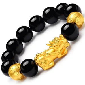 New Vietnamese Gold Obsidian Bracelet for Men 10mm & 12mm Gold Plated Pixiu Fashion Bangle