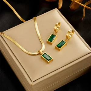New Waterproof 18K Gold Plated Stainless Steel Women Jewelry Set Zircon Green Square Pendant Earrings Luxury Necklace Set